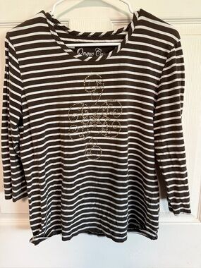 Onque Casuals Brown & White Striped Long Sleeve Tee with Rhinestone Motif